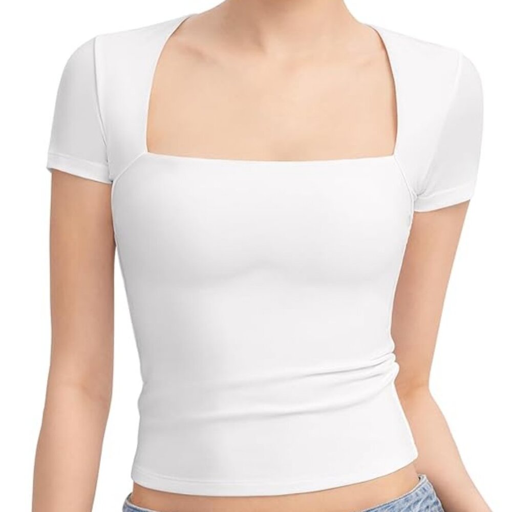 PUMIEY Women's Square Neck Short Sleeve T Shirts Sz M